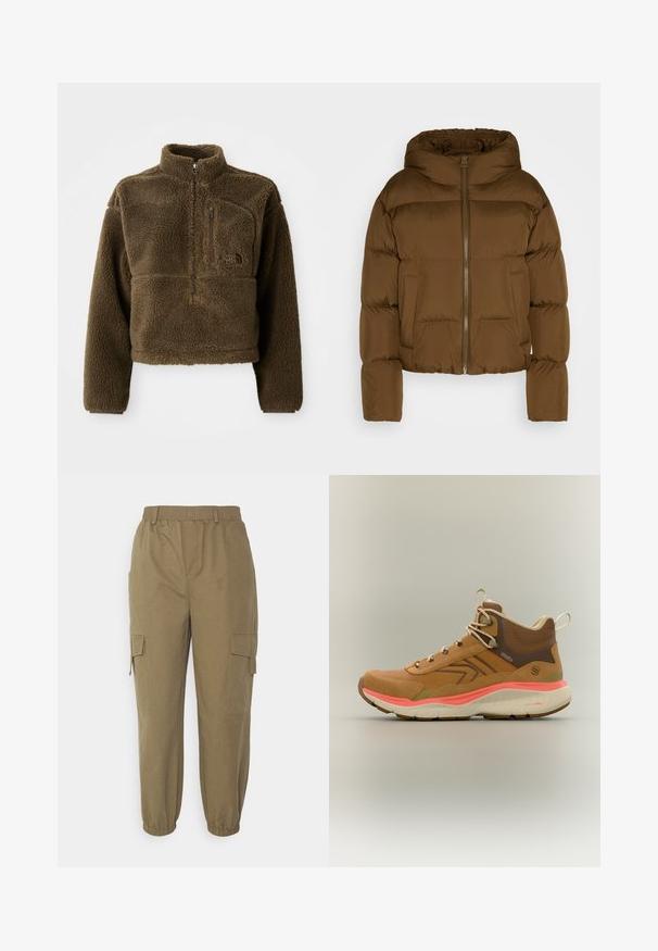 Braune Pufferjacke mit hohem Kragen, Frontreißverschluss und zwei seitlichen Taschen. Besitzt gesteppte Abschnitte und elastische Bündchen.; Braune Fleecejacke mit hohem Kragen, halbem Reißverschluss vorne und einer Brusttasche; verfügt über strukturierten Stoff und ein Logo auf der Vorderseite.; Vero Moda Tall VMTIMMIKAY PANT - Cargohose - capers; Brauner Wanderschuh mit hohem Schaft, beigen Schnürsenkeln, gepolstertem Knöchelkragen, korallenfarbener Zwischensohle und strukturierter Gummilaufsohle vor einfachem Hintergrund.