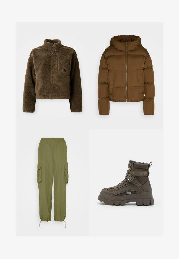 Braune Pufferjacke mit hohem Kragen, Frontreißverschluss und zwei seitlichen Taschen. Besitzt gesteppte Abschnitte und elastische Bündchen.; Braune Fleecejacke mit hohem Kragen, halbem Reißverschluss vorne und einer Brusttasche; verfügt über strukturierten Stoff und ein Logo auf der Vorderseite.; Olivgrüne Cargo-Hosen mit elastischem Bund, zwei seitlichen Cargo-Taschen und Kordelzugbündchen. Hergestellt aus leichtem, strukturiertem Stoff.; Buffalo ASPHA LACEUP MID - Schnürstiefelette - khaki