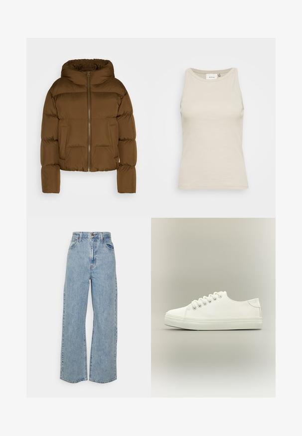 Brun pufferjakke med høj krave, frontlynlås og to sidelommer. Har quiltede sektioner og elastiske manchetter.; Lys beige tank top lavet af ribbestrikket stof med en rund halsudskæring og ærmeløs design. Har en diskret mærkeetiket indeni.; Lyseblå vidde denimjeans med høj talje, frontknap, lynlås og femlomme-design på ensfarvet baggrund.; Hvid lavtop sneaker med hvide snørebånd og gummisål vist fra siden på en neutral baggrund.