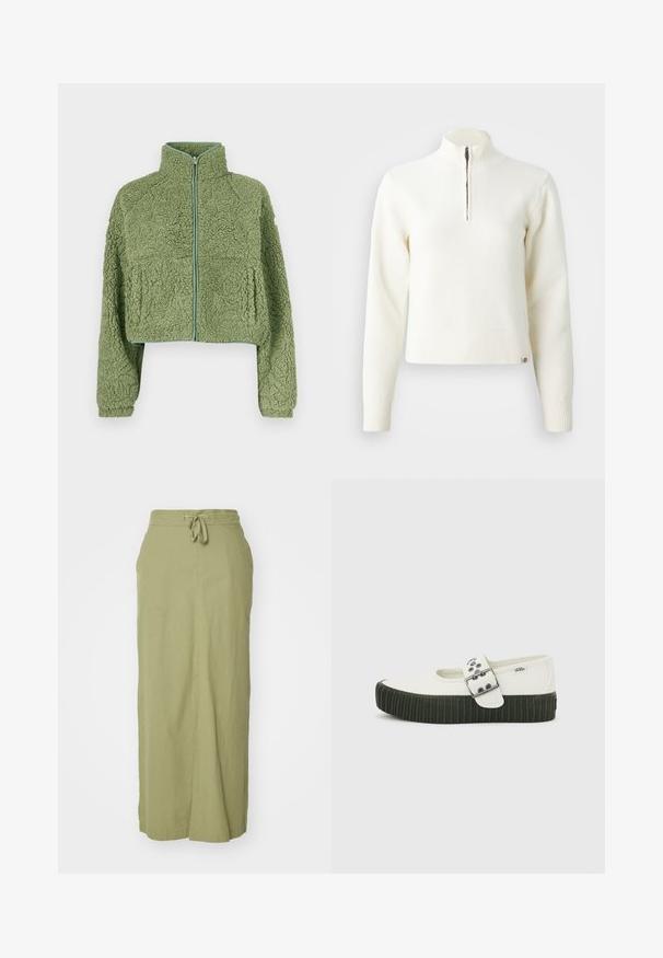 Grüne, gekürzte Fleecejacke mit strukturierter Oberfläche, hohem Kragen und vorderer Reißverschluss.; Weißer Sweater mit Reißverschluss am Hals und langen Ärmeln. Aus weichem Strickmaterial gefertigt, mit gerippten Bündchen und Saum. Dezentes Markenlogo am Saum.; Olivgrüßer Leinen-Maxikleid mit Kordelzugbund, geradem Schnitt, seitlichen Taschen und glatter Textur.; Weißer Vans Mary Jane Schuh mit dicker schwarzer gerippter Sohle und großem silbernen Schnallenriemen vor einfachem grauem Hintergrund.