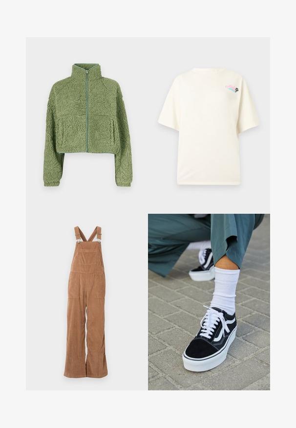 Groene korte fleecejas met een gestructureerd oppervlak, hoge kraag en ritssluiting aan de voorkant. Heeft brede mouwen en een ontspannen pasvorm.; Crèmewit T-shirt met korte mouwen, met kleine roze tekst "Aloha" en zwart hibiscusbloemontwerp op de bovenborst links.; Bruine corduroy salopettes met brede pijpen, verstelbare bandjes en een voorkant vak. Zachte textuur met een verticale ribbelpatroon.; Zwarte suède sneaker met witte accenten en veters, uitgerust met een dikke witte zool en contrasterende stiksels, gecombineerd met een witte sok.