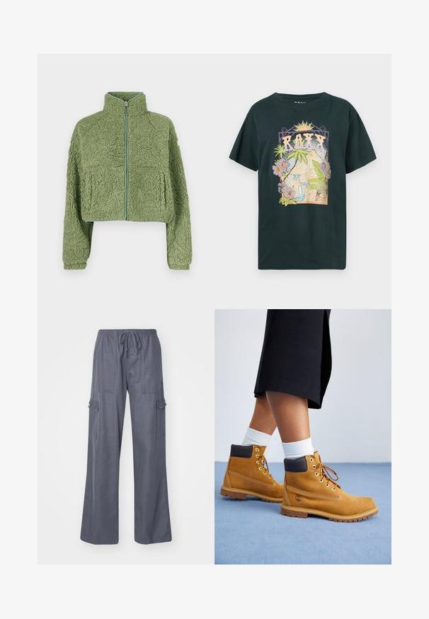 Veste polaire verte courte à surface texturée, col montant et fermeture éclair frontale. Dotée de manches larges et d'une coupe décontractée.; T-shirt noir en coton avec un motif coloré représentant des montagnes, une cascade et des fleurs tropicales, avec le texte "ROXY" en lettres majuscules.; Pantalons cargo gris avec taille à cordon, jambes larges et deux poches latérales. Fabriqués en tissu doux et léger.; Bottines en suede beige avec des accents en cuir marron, des œillets dorés et une semelle texturée. Chaussettes blanches visibles au-dessus des bottines.