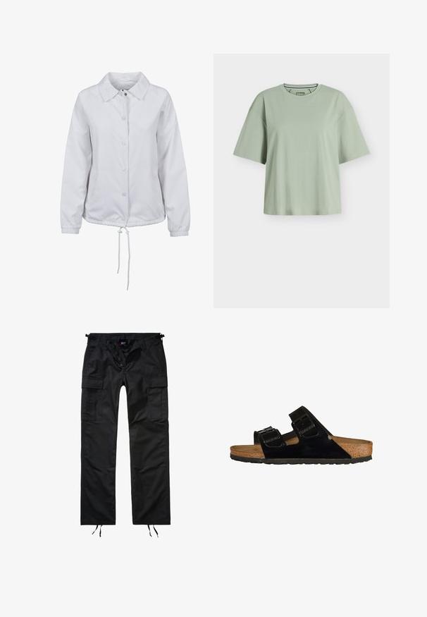 Witte lichtgewicht jas met een kraag, drukknoopsluiting, elastische manchetten en een trekkoord onderaan voor een verstelbare pasvorm. Gladde textuur.; Effen licht saliegroene oversized T-shirt met korte mouwen, ronde hals en zichtbaar merklabel aan de binnenkant van de kraag.; Zwarte cargobroek van duurzaam materiaal, met meerdere zakken, een knoopsluiting bij de gulp en verstelbare enkelbanden.; Zwarte gepatineerde leren sandalen met twee verstelbare banden, kurken voetbed en rubberen zool, met een gladde textuur en een minimalistisch ontwerp.