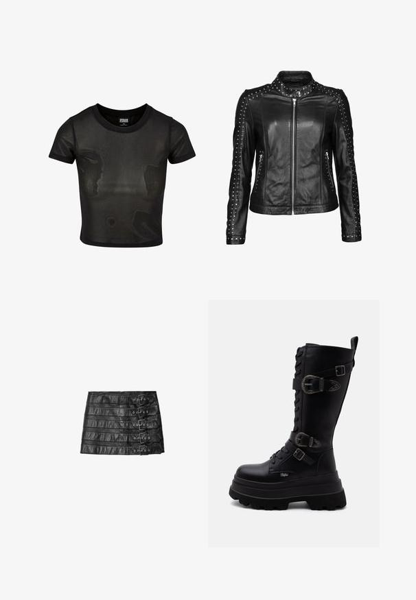 JCC Leren jas - black; Zwarte cropped t-shirt gemaakt van sheer stof, met korte mouwen en een ronde hals. Gelaagde textuur en contrasterende effen afwerking.; Zwarte leren minirok met vijf horizontale gespbanden aan de rechterkant, plat neergelegd op een witte achtergrond.; Zwarte mid-kuit combatlaars met chunky plateauzool, veterluiting aan de voorkant en drie decoratieve gespen aan de zijkant.