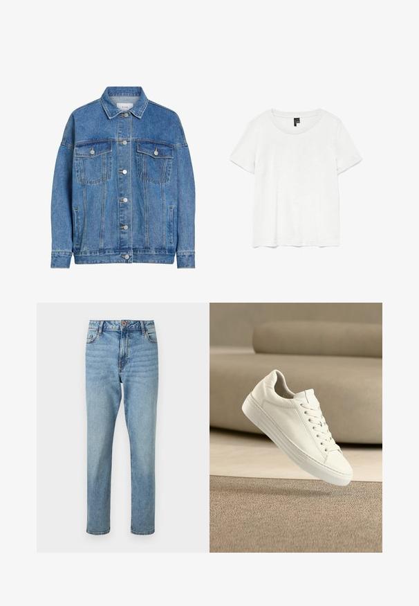 VILA Denim Cotton - Cowboyjakker - light blue denim; Hvid kortærmet t-shirt med rund halsudskæring, lavet af letvægtsstof. Enkel design, glat tekstur og lige kant.; Lyseblå højtaljede jeans med rette ben, forsideknap og lynlåslukning, forlommer og subtile falmede detaljer.; Hvid læder-sneaker med klassisk design, snørelukning, flad gummisål og teksturerede detaljer. Ren, minimalistisk æstetik.