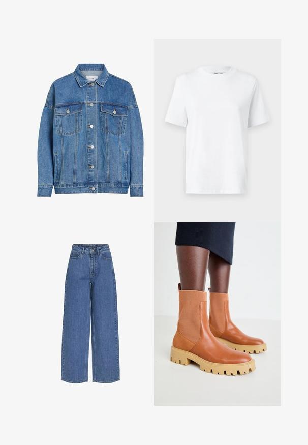 VILA Denim Cotton - Teksajakk - light blue denim; Valge puuvillane ümarakaelusega T-särk, millel on lühikesed varrukad ja sile tekstuur. Kujundatud mugava ja mitmekesise istuvuse jaoks.; Laia siniseid teksaseid, millel on kõrge vöökoht, mis on valmistatud denimitootest. Omavad esipurgid ja nupuga kinnitust. Klassikaline üksikdisain.; Pruun nahast pahkluu saapad ribastest elastsetest paneelidest, tüsedast beežist tallast ja tõmbeaukudega; moodne disain koos tekstuurse viimistlusega.