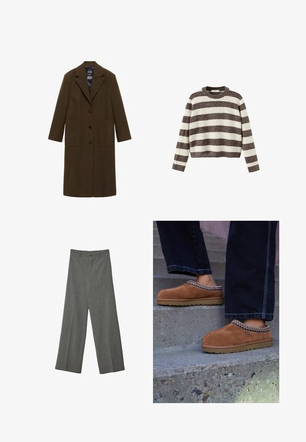 Oliven grøn uldblandingsfrakke med næbdekors, frontknaplukning og to store lommer; glat tekstur og lange ærmer.; Stripet pullover sweater i creme og mørkebrun. Ribstrikket rund hals, lange ærmer og en kortet kant. Blød tekstur med en afslappet pasform.; Grå bukser med vidde i benene, bæltestropper, frontknap og skjult lynlåslukning, vist fladt på hvid baggrund.; Brune ruskinds slip-on sko med en dekorativ vævet kant og en gummisål, placeret på betontrapper.