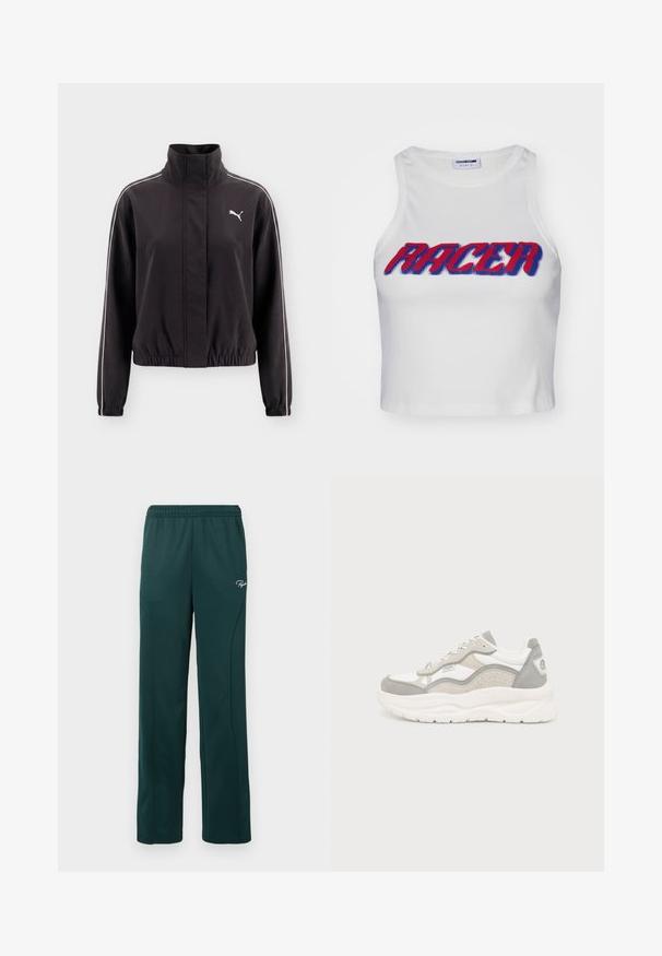 Sort Puma-jakke med høj krave, lynlås foran, elastiske manchetter og kant samt hvide striber langs ærmerne og logo på brystet.; Hvid ribbet cropped tanktop med ordet "RACER" i fed rød og blå skrift over forsiden.; Mørkegrønne sweatpants lavet af blødt stof, med elastisk talje og sidesømme, samt et lille logo foran.; Hvid og lysegrå atletiksneaker med tyk sål, snøredesign og perforeret sidepanel på en ensfarvet lys baggrund.