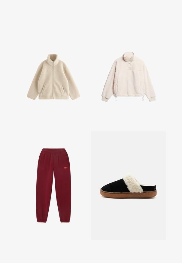 Beige fleecejakke med fuld frontlynlås, høj krave, lange ærmer og to skrå frontlommer.; Flødefarvet fleece-trøje med høj krave, trykknapper og sidelommer. Har elastiske manchetter og justerbar kant med snor.; Bordeaux sweatpants med elastisk talje, sidelommer og tapered ben. Bemærkelsesværdigt logo trykt i pink på venstre side.; Sort slip-on hjemmesko med cremefarvet fluffy foring og brun sål, designet til indendørs komfort.