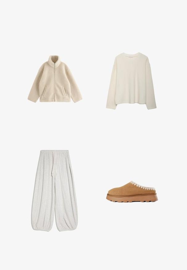 Beige fleecejakke med fuld frontlynlås, høj krave, lange ærmer og to skrå frontlommer.; Krämfarvet langærmet crewneck sweater med en afslappet pasform og ribbet halsudskæring, vist på en hvid baggrund.; Lysegrå sweatpants med vide ben, elastisk talje, snøre og elastiske manchetter ved anklerne, lagt fladt på en hvid baggrund.; Brune ruskind slip-on sko med en tekstureret overdel, der har dekorativ beige syning langs kanten og en tykk gummisål.