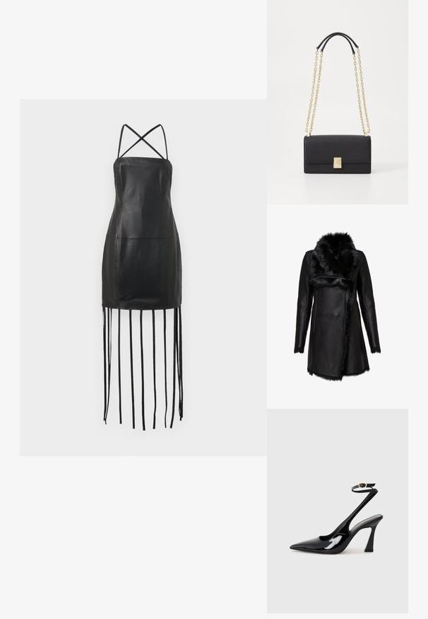 Chaqueta de cuero negro con un cuello de piel sintética, que cuenta con bolsillos con cremallera y un diseño elegante. Textura suave con detalles de piel.; Vestido de cuero negro con finas tirantes cruzados en la espalda, cuerpo ajustado y detalles de flecos colgando del dobladillo. Textura suave y diseño minimalista.; Tacan de charol negro con tacón alto de slingback, con punta afilada, correa ajustable en el tobillo y un tacón bloque moderado. Textura suave con acabado brillante.; Bolso de mano de cuero negro con forma rectangular, que cuenta con una correa de cadena dorada y un detalle de cierre cuadrado dorado. Textura suave, diseño minimalista.