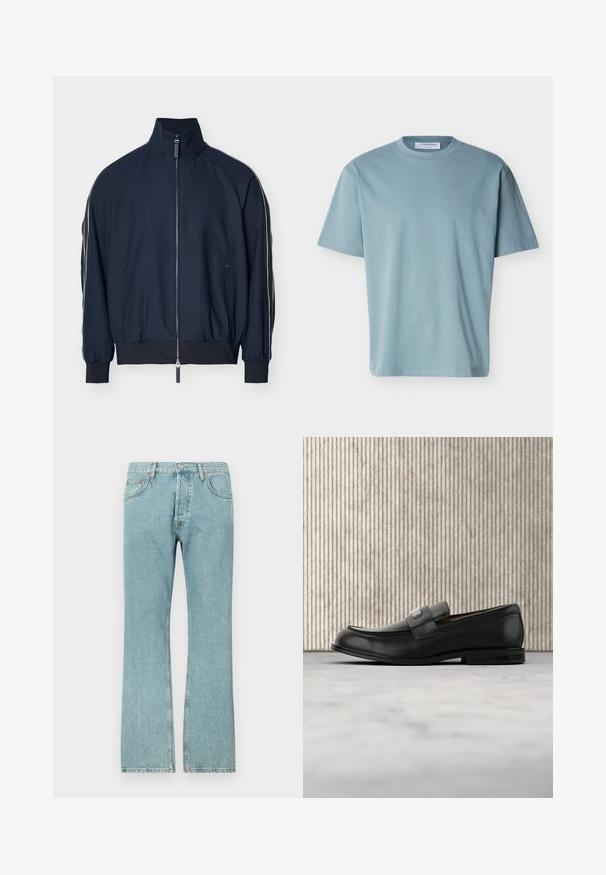 Marineblauwe bomberjack met hoge kraag, ritssluiting, zijzakken en contrasterende witte strepen langs de mouwen. Glad textuur.; Lichtblauw T-shirt met korte mouwen en een ronde hals, met een losse pasvorm en een zichtbaar wit label aan de binnenkant van de kraag.; Lichtblauwe denim jeans met een recht model, voorzien van vijf zakken en een knoopsluiting. Zichtbare stiksels en rafelige zoomdetails.; Zwarte leren loafer met een metalen merktekenplaatje, rustend bij een bruine ronde tafel op een beige tapijtvloer.