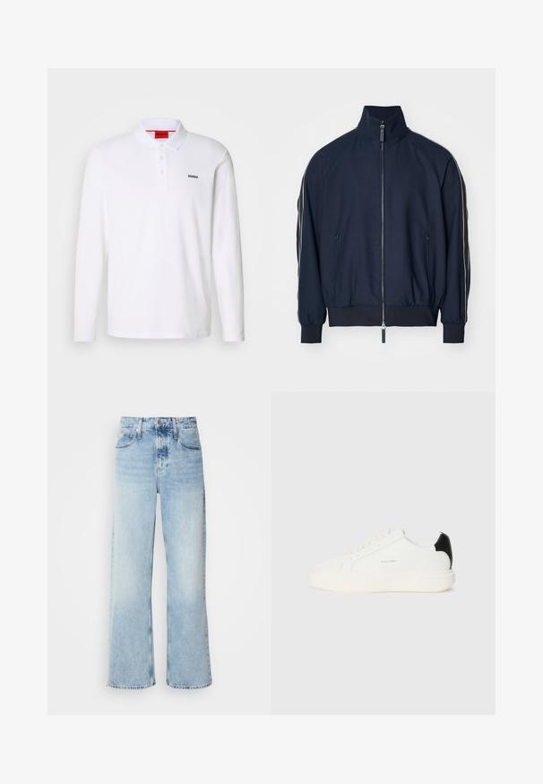 Veste bombe en bleu marine avec col haut, fermeture éclair, poches latérales et rayures blanches contrastantes le long des manches. Texture lisse.; Polo-shirt blanc à manches longues en coton avec un col, une patte de boutonnage à trois boutons et un logo noir "HUGO" sur la poitrine gauche.; Jean large bleu clair à taille haute, avec une finition délavée, des passants de ceinture et un design classique à cinq poches. L'ourlet est brut.; Baskets en cuir blanc avec un accent noir à l'arrière, présentant un bout rond, des lacets plats et une épaisse semelle blanche. Logo Calvin Klein affiché.