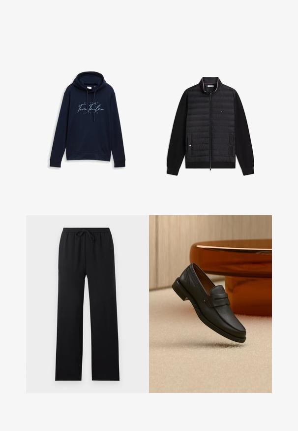 Zwarte jas met rits, doorgestikte voorkant, gladde mouwen, twee zakken met drukknopen en een klein logo op de borst.; Donkerblauwe hoodie met trekkoorden, met een opvallende witte en lichtblauwe logo tekst "Tom Tailor" met het jaar 1962. Zachte textuur.; Zwarte loszittende broek met elastische tailleband en vooraan trekkoord, rechte pijpen, eenvoudig ontwerp, weergegeven op een neutrale achtergrond.; Zwarte leren herensloffen met een band over de bovenkant, getoond op een beige tapijt vlakbij een bruine moderne ronde tafel.