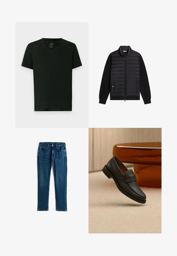 Veste noire zippée avec devant matelassé, manches lisses, deux poches à boutons-pression et un petit logo sur la poitrine.; T-shirt en coton noir pour homme d'Armani Exchange avec des manches courtes et un col en V, taille moyenne, présenté à plat sur fond blanc.; Jeans en denim bleu foncé, design à jambe droite, style à cinq poches, avec un léger effet de décoloration et des coutures contrastées, fermeture par bouton métallique et zip.; Mocassin homme en cuir noir avec une bande sur le dessus, présenté sur un tapis beige près d'une table ronde moderne marron.