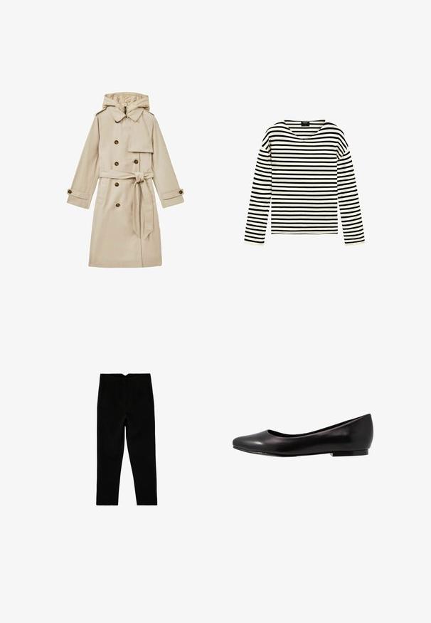 Beige lang trenchcoat med hætte, dobbeltknaplukning, store knapper og talje med bælte. Stoffet ser glat og let ud.; Langærmet skjorte med sorte og hvide vandrette striber og V-hals krave, vist på en ensfarvet hvid baggrund.; Sorte skræddersyede ankelkorte bukser med sidelommer og let tilspidset ben, vist fladt på en hvid baggrund.; Sort ballette sko lavet af glat læder med rund tå og lav, flad sål. Har en glat overflade med et enkelt og strømlinet design.