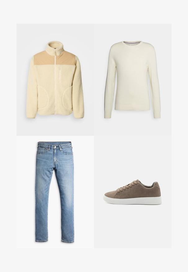 Fleece jack met een crème kleur en een bovenstuk van tan nylon, hoge kraag, volledige rits en twee zijzakken met afgeronde randen.; Crème-kleurig, trui met ronde hals, lange mouwen, ribgebreide manchetten en onderrand. Gemaakt van zachte brei-stof zonder patronen of versieringen.; Lichtblauwe denim jeans met een rechte pijp, vijf zakken, contrasterende stiksels en een knoop- en ritsluiting bij de taille.; Bruine suède sneakers met platte witte rubberen zolen, vetersluiting, ronde neus en een gladde textuur. Minimalistische stijl met subtiele stikdetails.