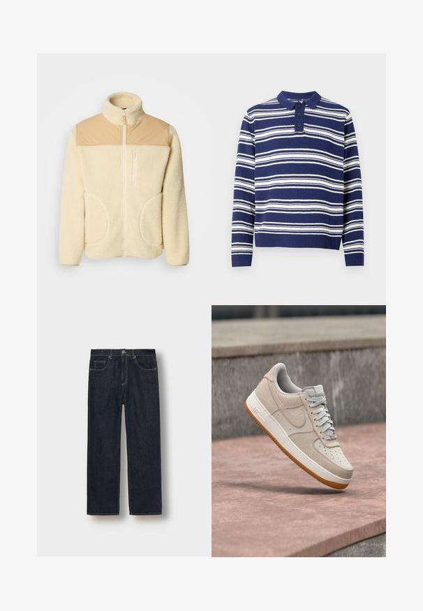 Fleece jack met een crème kleur en een bovenstuk van tan nylon, hoge kraag, volledige rits en twee zijzakken met afgeronde randen.; Gestreepte trui in marineblauw en wit, met een kraag met drie knopen, gebreid materiaal met textuur en geribbelde manchetten.; Donkerblauwe straight-leg jeans van denimstof, met riemlussen, voorkanten en contrasterende stiksels. Minimalistisch ontwerp zonder versieringen.; Beige en witte Nike Air Force 1 sneaker met een gumzool die boven een roze stenen oppervlak zweeft, met een grijze stenen achtergrond.
