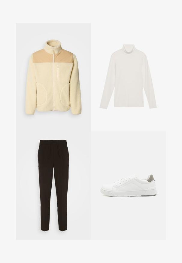 Fleece-Jacke in Creme mit einem oberen Abschnitt aus braunem Nylon, hohem Kragen, durchgehendem Reißverschluss und zwei seitlichen Taschen mit abgerundeten Kanten.; Langarm-Turtleneck-Oberteil in Weiß. Weicher, dehnbarer Stoff mit einer engen Passform. Verfügt über einen hohen Kragen und minimale Nahttäuschungen.; Schwarze, lange, schmal zulaufende Hose aus einem weichen, glatten Material. Mit einem elastischen Bund und einem Kordelzug für eine verstellbare Passform.; Weißer Sneaker aus glattem Leder, runde Zehenpartie, minimalistisches Design, graue Fersenkante und strukturierte Gummisohle.