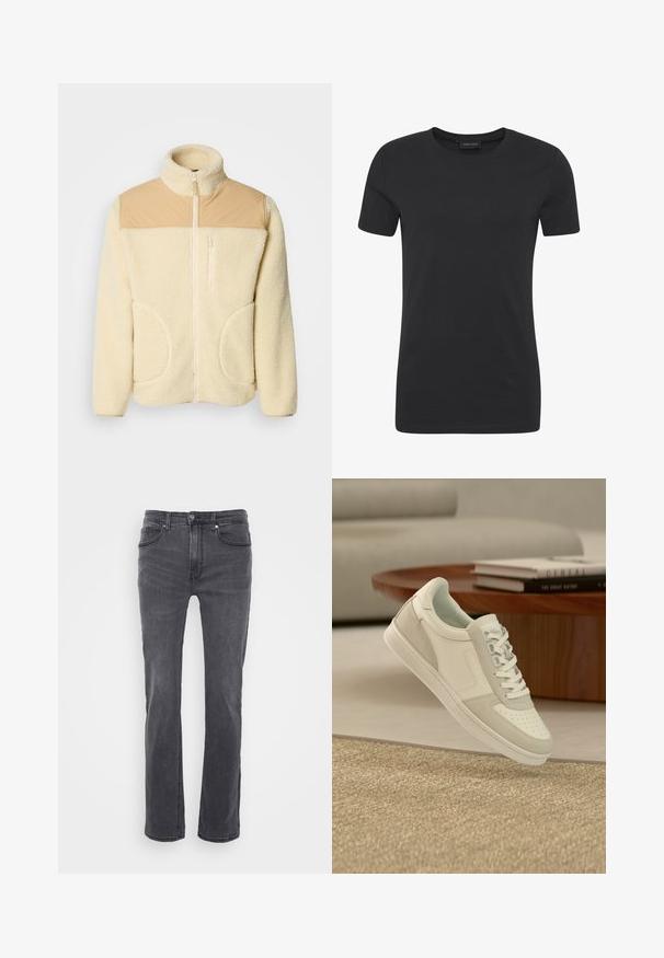 Fleecejakke i creme med en tan nylon øverste sektion, høj krave, fuld lynlås og to sidelommer med afrundede kanter.; Sort bomulds t-shirt med rund halsudskæring, korte ærmer og regular fit. Har en glat overflade og minimalistisk design.; Grå denimjeans med lige bendesign, der har forlommer og en klassisk knaplukning. Glat tekstur med subtile blegninger.; Hvid og lysegrå sneaker med snørebånd, placeret i luften over et struktureret beige tæppe og foran et træbord med stablede bøger.