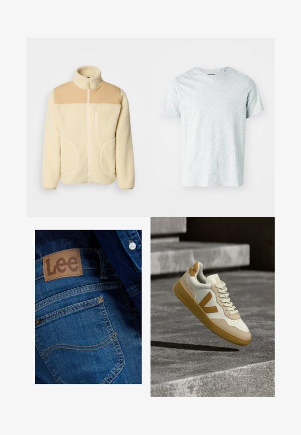 Fleecejakke i creme med en tan nylon øverste sektion, høj krave, fuld lynlås og to sidelommer med afrundede kanter.; Lys grå, kortærmet t-shirt lavet af blødt stof, med en rund hals og en let afslappet pasform. Ingen synlige mønstre eller grafik.; Nærbillede af baglomme på blå denimjeans med brunt lædermærke fra Lee og synlige syningsdetaljer.; V-90 sneaker med en hvid overdel i læder med beige og brune accenter, teksturerede detaljer og en gummisål. Teksturerede snørebånd fuldender designet.