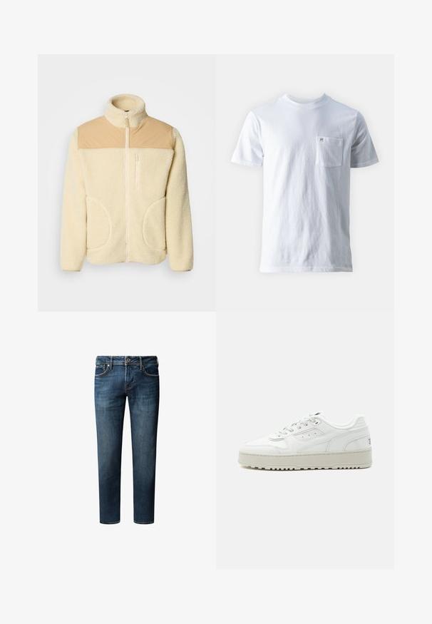 Fleece-Jacke in Creme mit einem oberen Abschnitt aus braunem Nylon, hohem Kragen, durchgehendem Reißverschluss und zwei seitlichen Taschen mit abgerundeten Kanten.; Weißes Baumwoll-T-Shirt mit Rundhalsausschnitt, kurzen Ärmeln und einer linken Brusttasche, mit einem kleinen Logo auf der Tasche. Glatte Textur.; Dunkelblaue Denim-Jeans mit geradem Bein, die über fünf Taschen, einen Knopfverschluss und dezente Verfärbungen im Stoff verfügen.; Weißer Sneaker in niedriger Ausführung mit dicker Sohle, Schnürverschluss vorne, perforierten Details und gepolstertem Schaft auf schlichtem hellgrauem Hintergrund.