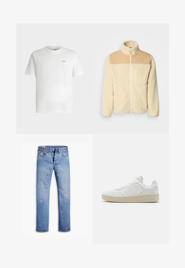 Fleecejakke i creme med en tan nylon øverste sektion, høj krave, fuld lynlås og to sidelommer med afrundede kanter.; Hvid kortærmet t-shirt med rund hals og lille sort tekstlogo "Marc O'Polo DENIM" på øverste venstre bryst.; Lysblå denimjeans med lige ben, fem-knaps lukning, bæltestropper og subtilt slid. Har to forlommer og kobbernitter.; Hvide lædersneakers med struktureret overflade og polstret krave. Har en beige gummisål og diskret branding på hælen og siden.