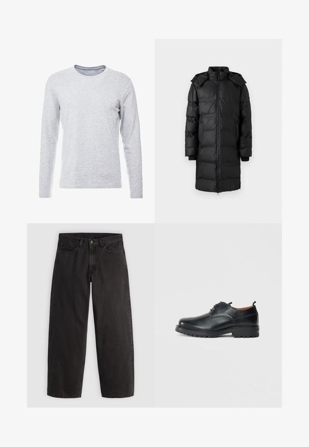 Abrigo tipo plumón negro con un cuello alto, cremallera de longitud completa y bolsillos laterales. Presenta secciones acolchadas y puños de canalé. Tejido suave y brillante.; Camiseta gris de manga larga en una tela suave y ligera, con un clásico escote redondo y un diseño sencillo y sin adornos.; Vaqueros negros de pierna recta con cinco bolsillos y trabillas para cinturón, mostrados extendidos sobre un fondo claro y liso.; Zapatos derby de cuero negro con una textura suave, punta redondeada, diseño de cordones y una suela de goma gruesa y resistente.