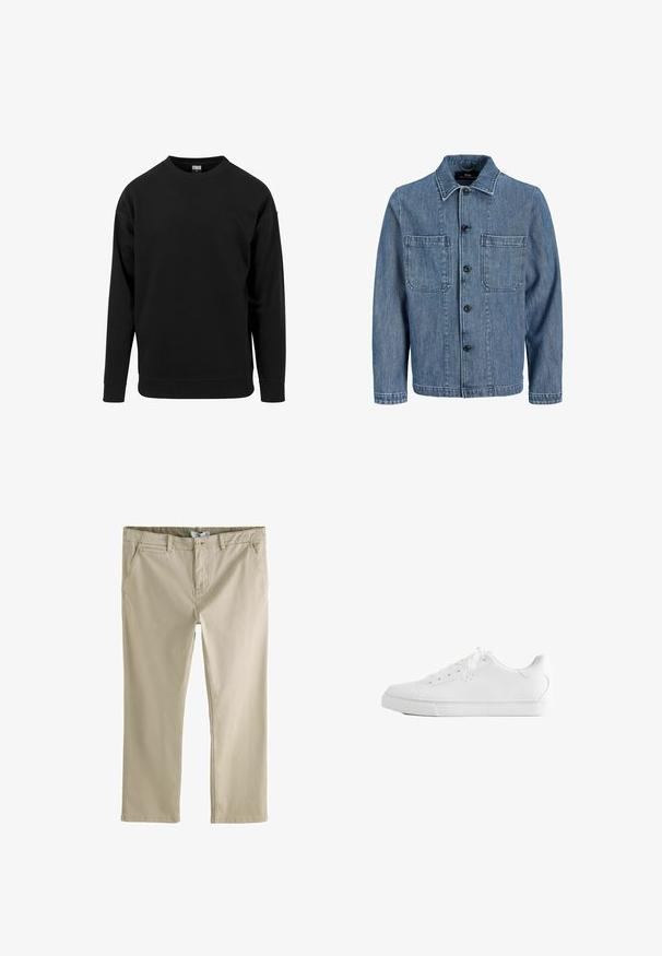Blå denimjakke med en tekstureret overflade. Har en krave, foran knaplukning, to brystlommer og lange ærmer.; Sort sweatshirt lavet af blødt stof. Har en rund halsudskæring, lange ærmer og ribbede manchetter og kant. Enkel, udekoreret design.; Beige bukser med lige ben, for- knap og lynlås, bæltestropper, sidelommer og en lille møntlomme på venstre side.; Hvid lavtop sneakers med snørebånd, glat læderoverdel og flad gummiå sole set fra siden på en hvid baggrund.