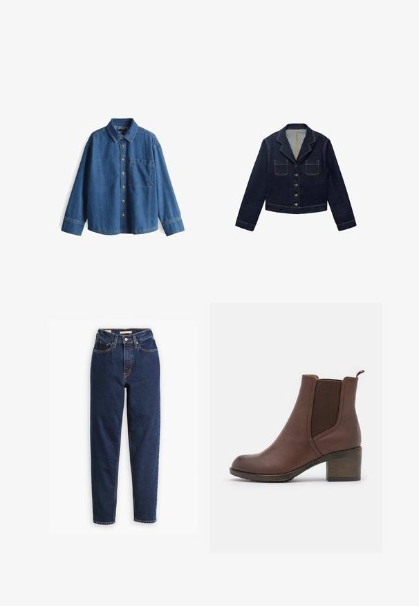Donkerblauwe denimjacket met een gesneden kraag, twee voorkezen en knoopsluiting. Heeft zichtbare naden en een cropped ontwerp.; Denim shirt, lichtblauw, lange mouwen, knopenlijst aan de voorkant, kraag, enkele borstzak, contrasterende stiksels en een ontspannen pasvorm.; Donkerblauwe denimjeans met een hoge taille, vijf-pocket ontwerp en rechte pijpen. Contrasterende stiksels en een knopen-flapsluiting.; Bruine leren enkellaars met een gladde afwerking, elastische zijpanelen, een ronde neus en een gematigde houten hak.
