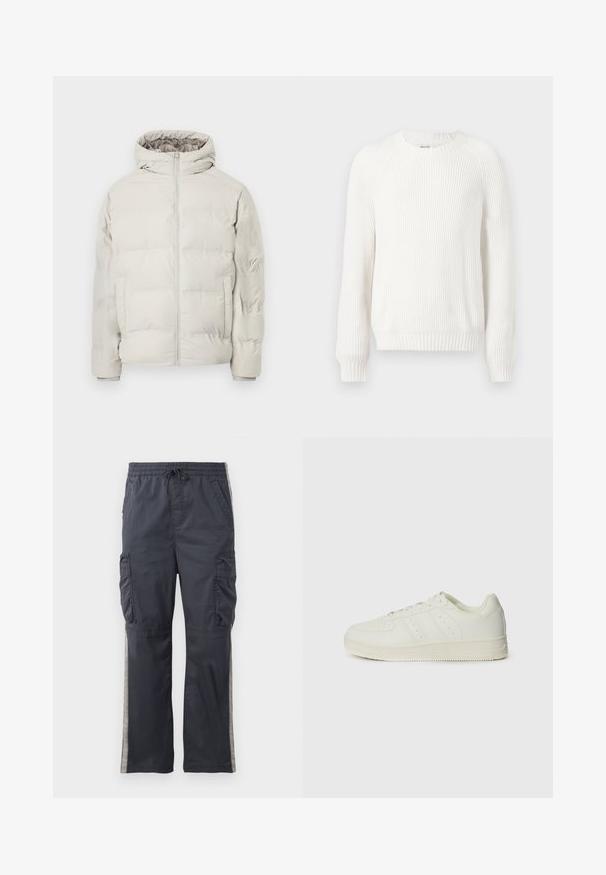 Lys beige polstret jakke med påhæftet hætte, frontlynlås og sidelommer, vist mod en ensfarvet hvid baggrund.; Hvid ribbet sweater med rund halsudskæring, sænkede skuldre og lange ærmer. Har struktureret stof og en lige kant.; Mørkegrå cargo bukser med elastisk talje, snøre og sidelommer. Har lysegrå sidelægger og en afslappet pasform.; Hvide sneakers med en glat læderoverflade, snørebånd, perforerede detaljer og tre diagonale striber på siden. Gummisål.