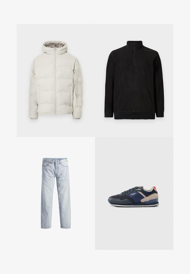 Hellbeige gesteppte Jacke mit angenähter Kapuze, Frontreißverschluss und seitlichen Taschen, vor schlichtem weißem Hintergrund präsentiert.; Schwarzer Fleece-Pullover mit halbem Reißverschluss, hohem Kragen, Kängurutasche und gerippten Bündchen und Saum, auf einem schlichten Hintergrund präsentiert.; Hellblaue Denim-Jeans mit geradem Bein, Knopfleiste, fünf Taschen und subtilen Verwaschungen. Mit metallischen Hardware-Details ausgestattet.; Marineblaue und graue Sneaker mit einer Mischung aus Leder- und Wildledertexturen, ausgestattet mit einer weißen Sohle, runden Schnürsenkeln und Branding an der Seite.