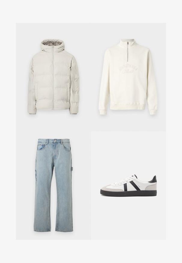 Hellbeige gesteppte Jacke mit angenähter Kapuze, Frontreißverschluss und seitlichen Taschen, vor schlichtem weißem Hintergrund präsentiert.; Weißer Sweatshirt mit einem Halb-Reißverschluss-Kragen, besticktem "ORIGINALS"-Text, gerippten Bündchen und lockerer Passform. Weiches Gewebe.; Hellblaue Denim-Cargohosen mit lockerer Passform, seitlichen Taschen, geradem Bein-Design und sichtbaren Nähdetails.; Weiße Sneaker mit schwarz- und grau-aczenten, ausgestattet mit einer strukturierten grauen Zehenkappe, schwarzer Gummi-Sohle und flachen weißen Schnürsenkeln. Sauberes Design, minimalistische Stil.