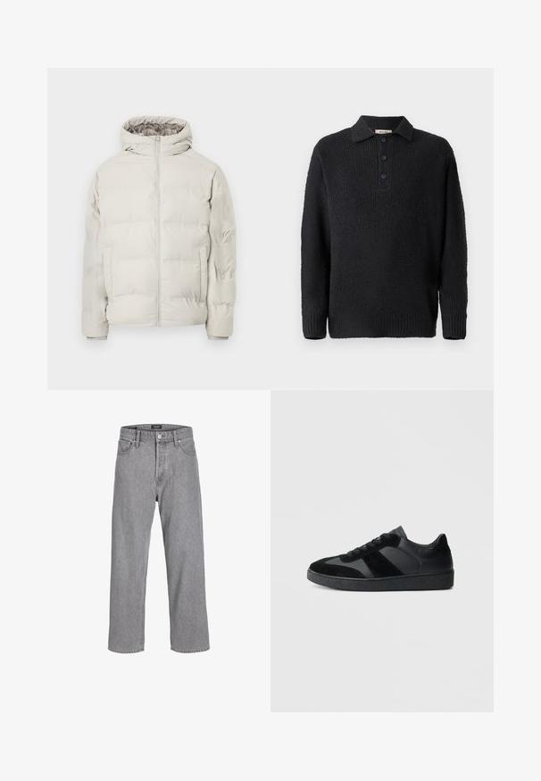 Hellbeige gesteppte Jacke mit angenähter Kapuze, Frontreißverschluss und seitlichen Taschen, vor schlichtem weißem Hintergrund präsentiert.; Schwarzer Strickpullover mit strukturiertem Finish, verfügt über einen klassischen Kragen und eine Knopfleiste mit drei Knöpfen. Lange Ärmel mit Rippenbündchen.; Graue Jeanshose mit einem lässigen, lockeren Schnitt. Verfügt über ein traditionelles Fünf-Taschen-Design und einen Knopfverschluss am Bund.; Schwarze Sneaker aus einer Mischung von glattem Leder und Wildleder, mit einer strukturierten schwarzen Gummisohle und dezenten Streifendetails.