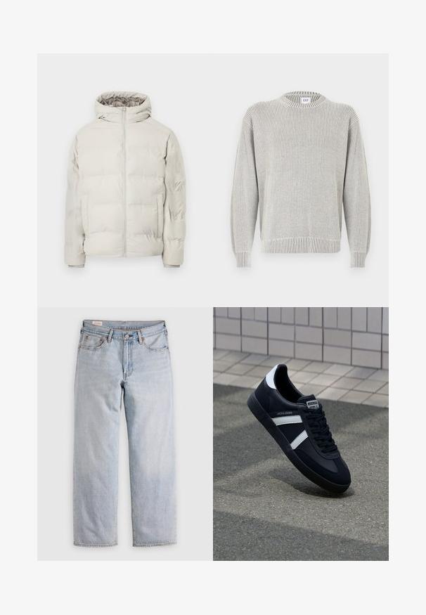 Hellbeige gesteppte Jacke mit angenähter Kapuze, Frontreißverschluss und seitlichen Taschen, vor schlichtem weißem Hintergrund präsentiert.; Hellgrauer, gerippter Strickpullover mit Rundhalsausschnitt und langen Ärmeln, mit einem GAP-Label am Kragen, auf weißem Hintergrund dargestellt.; Helle blaue gerade geschnittene Jeans mit hoher Taille, Knopfverschluss sowie Vorder- und Hintertaschen, auf einer flachen Oberfläche präsentiert.; Schwarze Leder-Sneaker mit weißen Streifen, strukturiertem Gummisohle und Schnürung. Verfügt über ein Markenetikett auf der Zunge.
