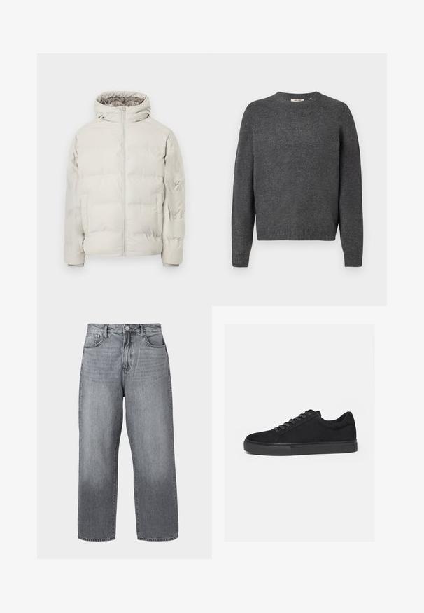 Lys beige polstret jakke med påhæftet hætte, frontlynlås og sidelommer, vist mod en ensfarvet hvid baggrund.; Mørkegrå sweater lavet af blødt strikkemateriale, med rund hals, lange ærmer og ribkant ved bund og ærmer. Enkel design, uden mønstre.; Grå denim bred-benede jeans med høj talje, fem-lomme design og metal lukning. Stof viser let falmning nær kanten.; Sort lavtop sneaker med snørelukning foran og flad gummisål, vist fra siden på en hvid baggrund.