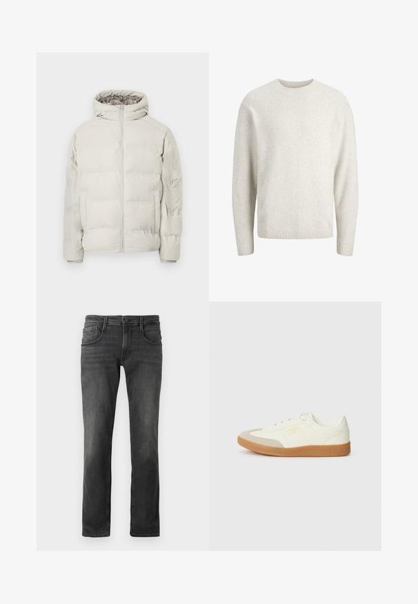 Hellbeige gesteppte Jacke mit angenähter Kapuze, Frontreißverschluss und seitlichen Taschen, vor schlichtem weißem Hintergrund präsentiert.; Einfacher cremefarbener Pullover mit langen Ärmeln, rundem Ausschnitt sowie gerippten Bündchen und Saum.; Dunkelgraue Denim-Jeans mit geradem Beinschnitt, Fünf-Taschen-Design und subtilen Ausbleichungen. Vorderer Knopfverschluss und Gürtelschlaufen.; Sneaker aus weißem Leder mit einer beigen Zehenkappe und leichter brauner Gummisohle. Verfügt über flache weiße Schnürsenkel und geprägtes Branding an der Seite.