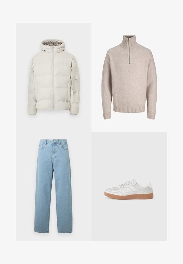 Lys beige polstret jakke med påhæftet hætte, frontlynlås og sidelommer, vist mod en ensfarvet hvid baggrund.; Beige kvart-zip pullover sweater i blødt strikket stof. Har ribbet krave og manchetter, med en afslappet pasform og sømløst design.; Lyseblå vide jeans lavet af denim, med frontknaplukning, traditionelt fem-lommer design og en afslappet pasform.; Sølv sneakers med en glat overflade, snørebånd, perforerede detaljer og en struktureret brun gummi sål.