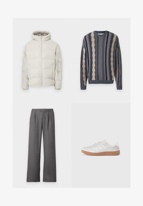 Lys beige polstret jakke med påhæftet hætte, frontlynlås og sidelommer, vist mod en ensfarvet hvid baggrund.; Strikket sweater med rund hals, der har skiftende striber i marineblå, cremefarvet og rød. Strukturerede mønstre med ribbet manchetter og kant.; Grå vide benbukser lavet af glat stof, med en plisseret front, sidelommer og en skrædderlavet talje med bæltestropper.; Sølv sneakers med en glat overflade, snørebånd, perforerede detaljer og en struktureret brun gummi sål.