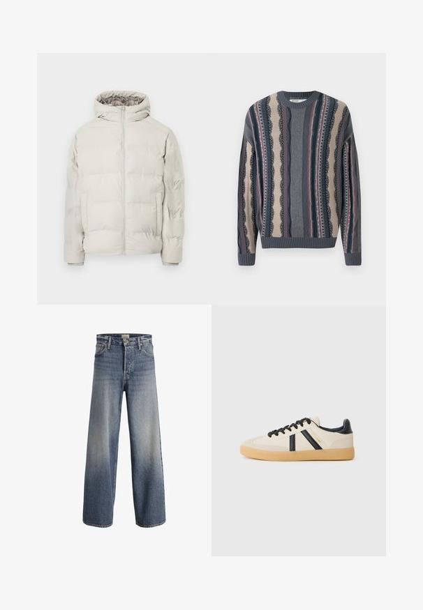 Veste matelassée beige clair avec capuche attachée, fermeture éclair à l'avant et poches latérales, présentée sur un fond blanc uni.; Pull en laine avec un col rond, présentant des rayures alternées en bleu marine, crème et rouge. Motifs texturés avec des poignets et un ourlet côtelés.; Jean large bleu clair en denim. Doté d'une taille haute, d'un fermeture à boutons et d'un dégradé subtil avec une texture lisse et des coutures surpiquées.; Baskets décontractées en crème avec des rayures noires, présentant un dessus texturé et une semelle en caoutchouc. Les lacets sont noirs. Logo discret sur le côté.
