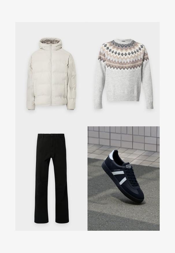 Hellbeige gesteppte Jacke mit angenähter Kapuze, Frontreißverschluss und seitlichen Taschen, vor schlichtem weißem Hintergrund präsentiert.; Hellgrauer Pullover mit langen Ärmeln, der eine gemusterte Passe in Creme-, Braun- und Schwarztönen aufweist. Gerippte Bündchen und Saum sorgen für Textur.; Schwarze gerade geschnittene Hosen mit Fronttaschen, Knopfverschluss und Gürtelschlaufen, vor einem weißen Hintergrund präsentiert.; Schwarze Leder-Sneaker mit weißen Streifen, strukturiertem Gummisohle und Schnürung. Verfügt über ein Markenetikett auf der Zunge.