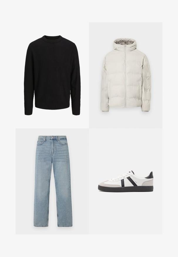Veste matelassée beige clair avec capuche attachée, fermeture éclair à l'avant et poches latérales, présentée sur un fond blanc uni.; Pull noir en maille à manches longues, col rond, poignets et ourlet côtelés, présenté sur un fond uni gris clair.; Jean en denim bleu clair à taille haute, coupe droite, avec cinq poches et un léger délavage pour un effet usé.; Baskets blanches avec des accents noirs et gris, présentant un embout texturé gris, une semelle en caoutchouc noir et des lacets plats blancs. Design épuré, style minimaliste.