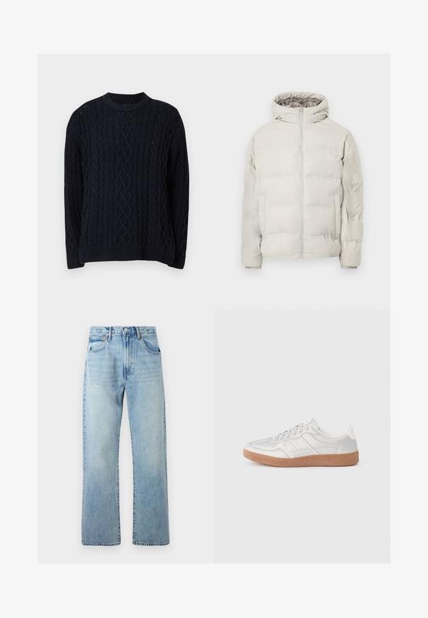 Veste matelassée beige clair avec capuche attachée, fermeture éclair à l'avant et poches latérales, présentée sur un fond blanc uni.; Pull en maille torsadée bleu marine avec des manches longues et un col rond côtelé, ainsi que des ourlets et des poignets côtelés, affichant des motifs en tricot détaillés.; Jeans en denim bleu clair avec des jambes larges et droites, design à cinq poches et une taille avec passants de ceinture. Le tissu présente une texture légèrement décolorée.; Baskets argentées avec une texture lisse, un design à lacets, des accents perforés et une semelle en caoutchouc marron texturé.