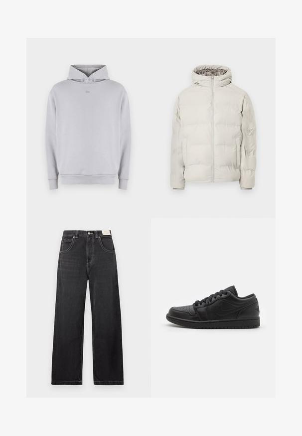 Lichtbeige gewatteerde jas met aangehechte capuchon, ritssluiting aan de voorkant en zijzakken, getoond tegen een effen witte achtergrond.; Lichtgrijze hoodie met een ronde hals, lange mouwen, geribbelde manchetten en een subtiel geborduurd logo op de borst. Zacht materiaal en casual pasvorm.; Zwarte wijde spijkerbroek van denim, met vijf zakken, contrasterende witte stiksels en een knoopsluiting in de taille.; Zwarte leren lage sneakers met geperforeerde neus, platte veters, gevoerde kraag en een gestructureerde buitenzool. Voorzien van een subtiele logo op de hiel.
