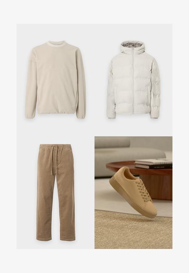 Veste matelassée beige clair avec capuche attachée, fermeture éclair à l'avant et poches latérales, présentée sur un fond blanc uni.; Sweatshirt en polaire beige clair avec un col rond, des poignets élastiques et une poche frontale. Texture douce, coupe décontractée et design minimaliste.; Pantalon en velours côtelé brun avec taille élastique et cordon de serrage, offrant une coupe décontractée et des jambes droites, surface texturée avec un motif côtelé.; Baskets beiges à lacets flottant au-dessus d'un tapis texturé avec une table basse en bois et des livres empilés en arrière-plan flou.