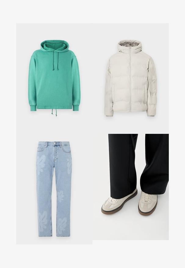 Lys beige polstret jakke med påhæftet hætte, frontlynlås og sidelommer, vist mod en ensfarvet hvid baggrund.; Mintgrøn hoodie lavet af blødt stof med en afslappet pasform, der har en rummelig halsudskæring, snore og ribbede ærmer.; Lyseblå denimjeans med blomstertryk og lige ben. Standard talje med knaplukning og fem lommer.; Fødder iført beige sneakers med brune såler og sorte bukser med vide ben på hvid baggrund.
