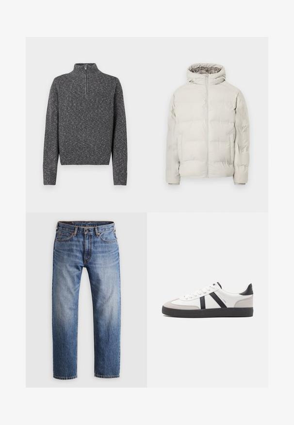 Veste matelassée beige clair avec capuche attachée, fermeture éclair à l'avant et poches latérales, présentée sur un fond blanc uni.; Pull en maille côtelée gris foncé avec manches longues et une courte fermeture éclair à l'avant sur un col montant.; Jeans en denim bleu à jambe droite avec fermeture à bouton et fermeture éclair, cinq poches et coutures orange sur un fond gris clair.; Baskets blanches avec des accents noirs et gris, présentant un embout texturé gris, une semelle en caoutchouc noir et des lacets plats blancs. Design épuré, style minimaliste.