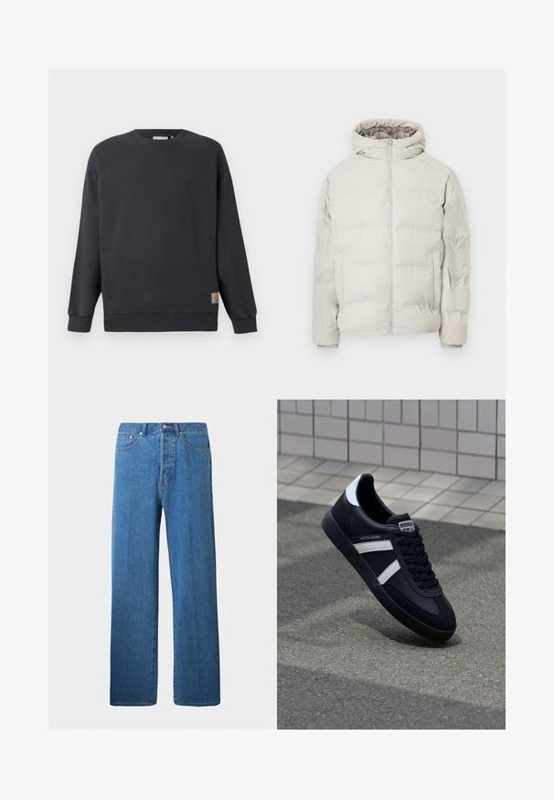 Lys beige polstret jakke med påhæftet hætte, frontlynlås og sidelommer, vist mod en ensfarvet hvid baggrund.; Mørkegrå crewneck sweatshirt med ribstrikkede manchetter og søm. Har en lille vævet logo-label på nederste venstre side. Lavet i bomuldsstof med en glat tekstur.; Lysblå denimjeans med lige ben. Har fem lommer, knaplukning og minimale syninger.; Sort lædersneaker med hvide striber, tekstureret gummisål og snørrebånd foran. Har et brandet mærke på tungen.