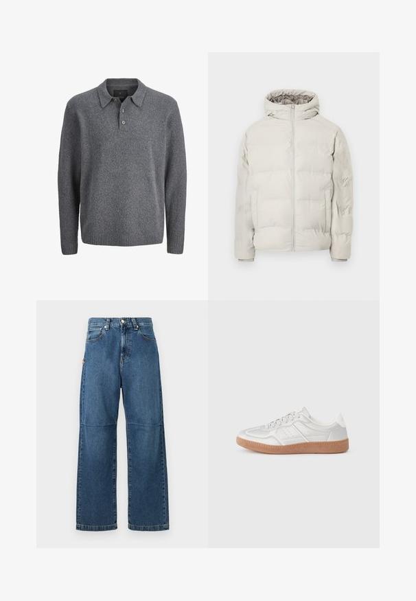 Lys beige polstret jakke med påhæftet hætte, frontlynlås og sidelommer, vist mod en ensfarvet hvid baggrund.; Grå strikket sweater med lange ærmer, ribstrikkede manchetter og kant, krave og tre-knaps åbning.; Blå denim jeans med afslappet pasform, lige ben, synlige sømme og lukkes med en knap foran. Har en sidelomme med accent.; Sølv sneakers med en glat overflade, snørebånd, perforerede detaljer og en struktureret brun gummi sål.