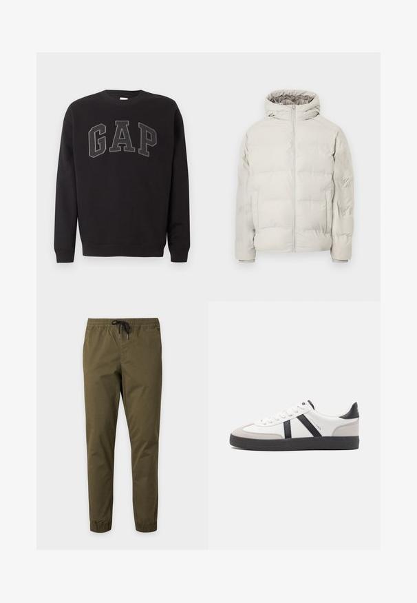 Veste matelassée beige clair avec capuche attachée, fermeture éclair à l'avant et poches latérales, présentée sur un fond blanc uni.; Sweat-shirt noir à manches longues avec col rond, orné de grandes lettres « GAP » gris foncé brodées sur la poitrine.; Pantalon décontracté vert olive avec taille et poignets élastiques, avec fermeture à cordon noir.; Baskets blanches avec des accents noirs et gris, présentant un embout texturé gris, une semelle en caoutchouc noir et des lacets plats blancs. Design épuré, style minimaliste.